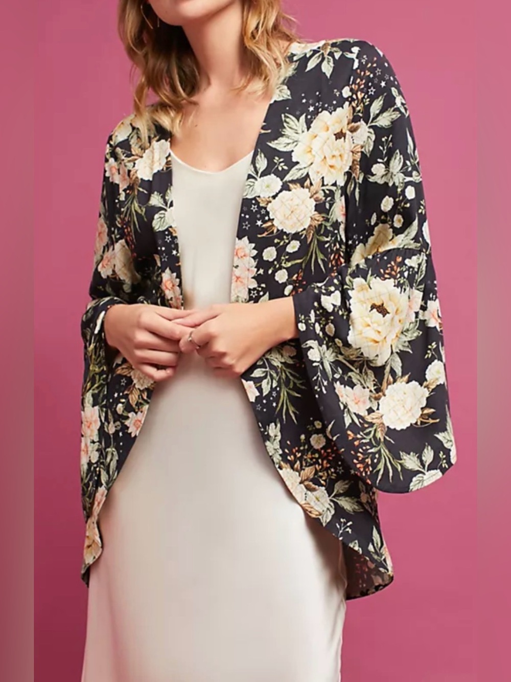 Farm Rio Gray Diamond Stitch Floral Split Bell Sleeve Kimono OS Boho Peasant